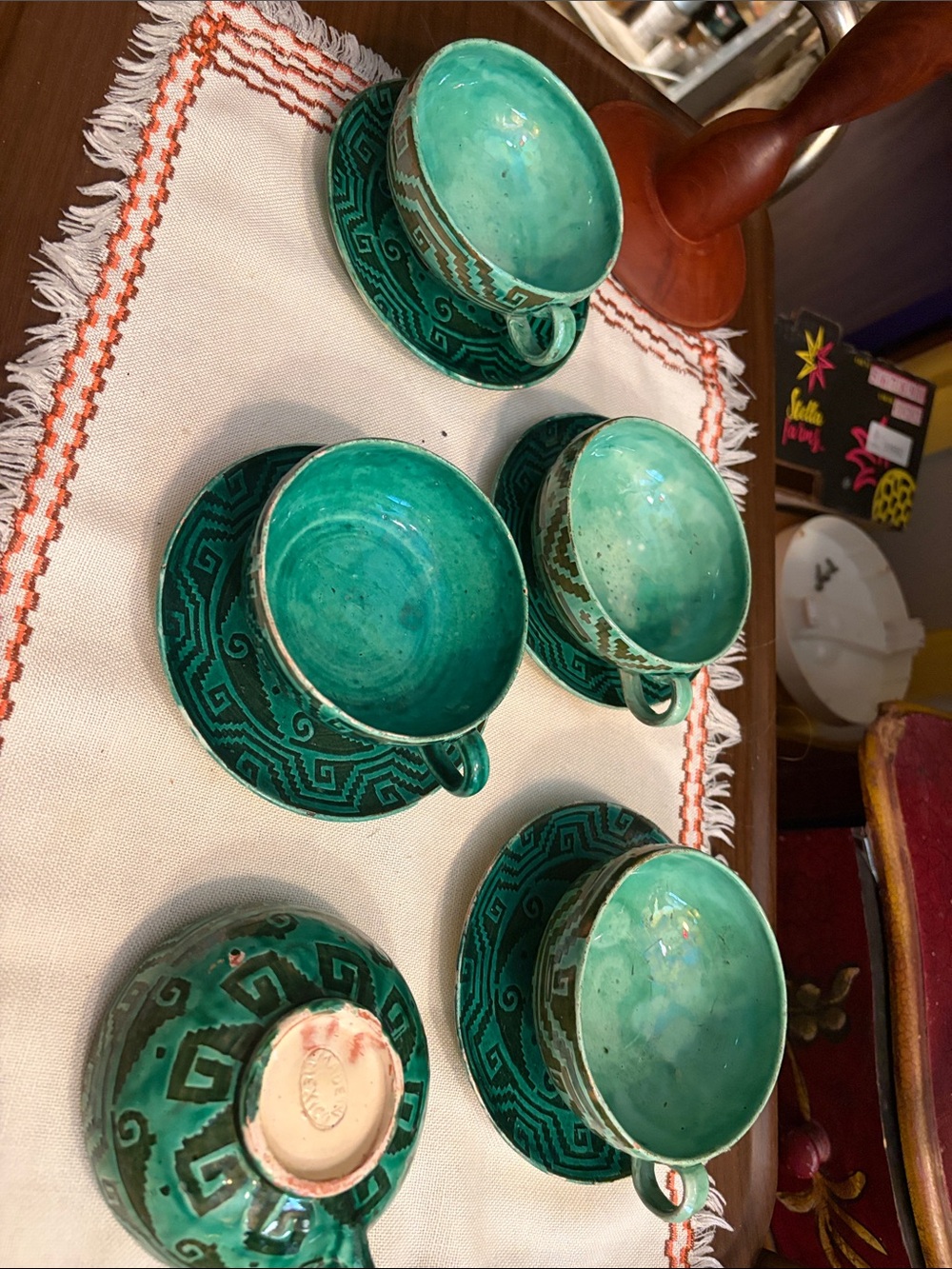 Vintage Mexican Folk Art Pottery Tea Cup & Saucer Set Turquoise Green 9pc